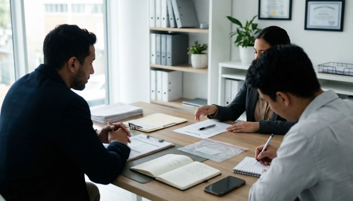 Alt: Client reviewing credentials and processes while vetting a private investigation agency for professionalism and compliance