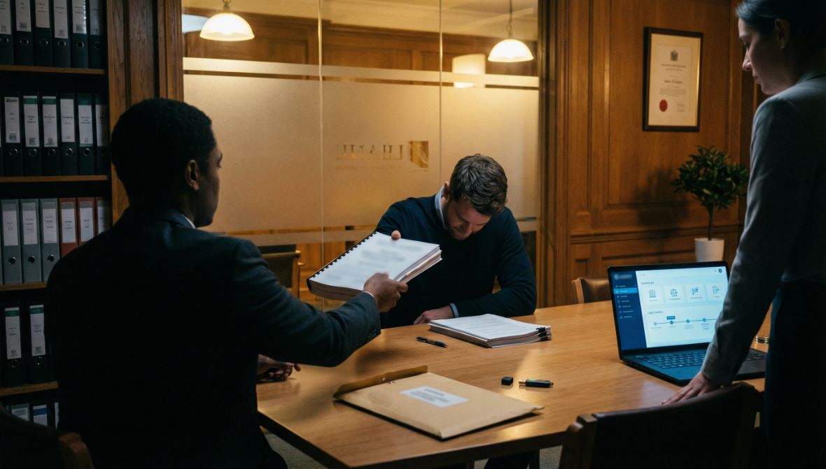 :Client reviewing a private investigator contract outlining fees, scope of work, confidentiality, and legal obligations