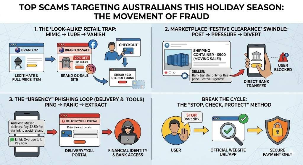 Infographic explaining the top scams targeting Australians this holiday season, highlighting fake online stores, social media shopping fraud, delivery notification scams, and toll payment scams.
