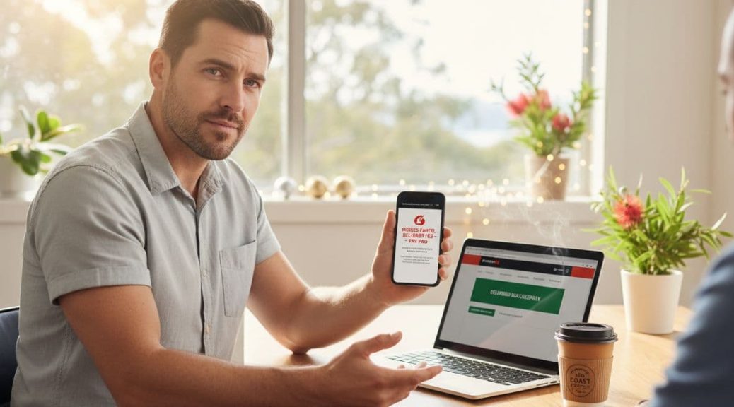 An Australian private detective in a modern home office examines a fraudulent smartphone text message about a missed parcel, sharing insights with a client during a bright summer day.