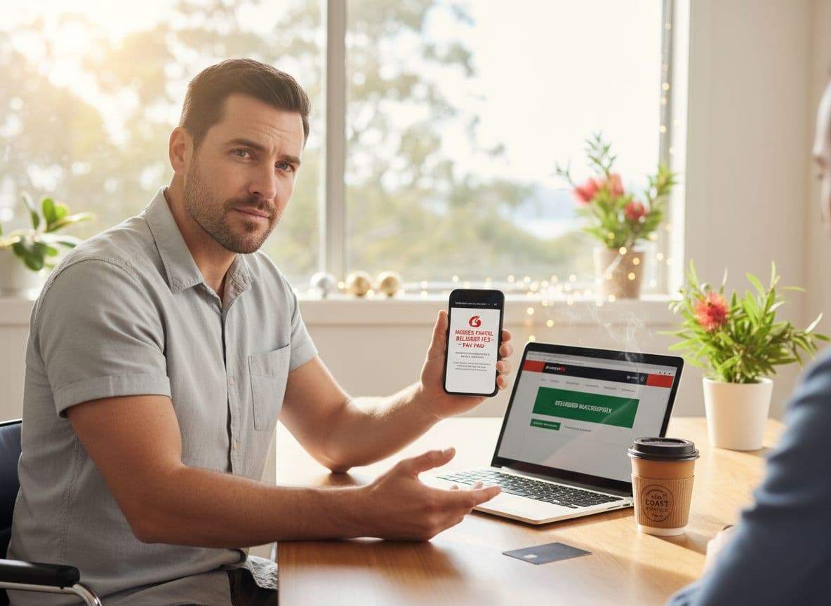 An Australian private detective in a modern home office examines a fraudulent smartphone text message about a missed parcel, sharing insights with a client during a bright summer day.