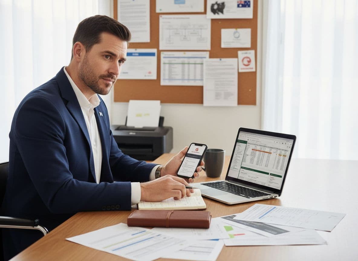 Professional mid-40s Australian private investigator intently reviews financial documents, scam alerts on laptop, and printed fraud evidence at a modern home office desk.