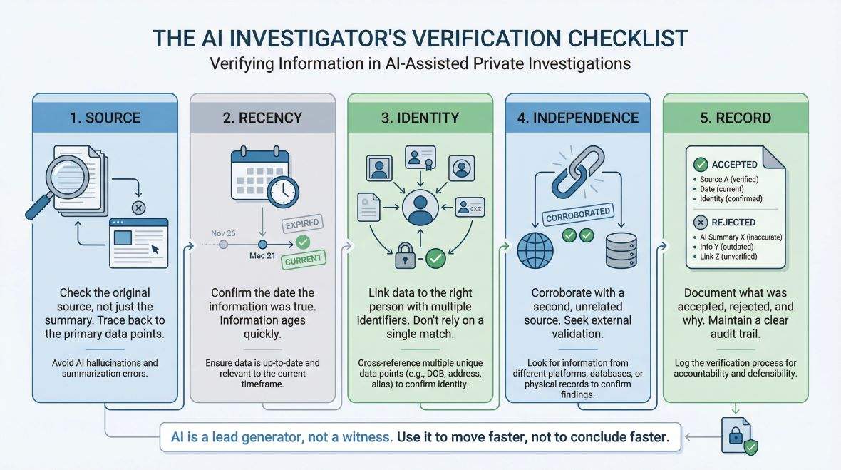 Top private investigator teams verifying AI-generated leads step by step using lawful checks, documentation, and evidence standards.